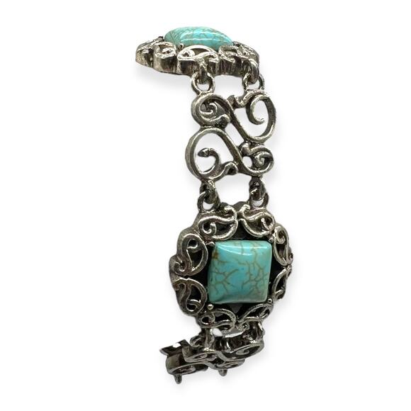 Balinese Silver Bracelet Turquoise Square Filigree Semi Precious Stone Howlite - Picture 3 of 13